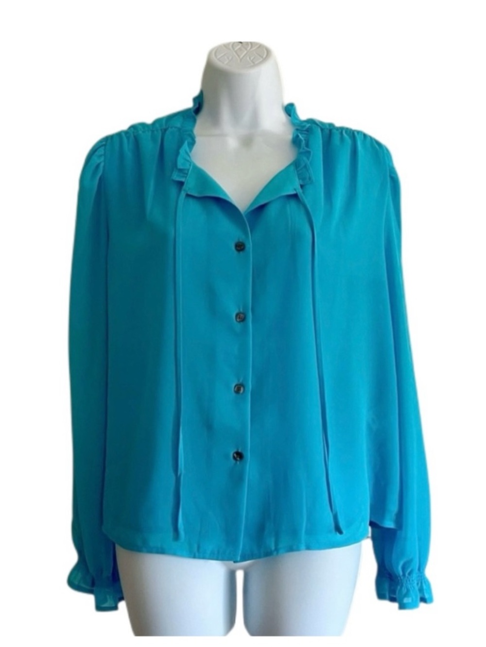 Halogen Turquoise Ruffle Tie-Neck Button Blouse